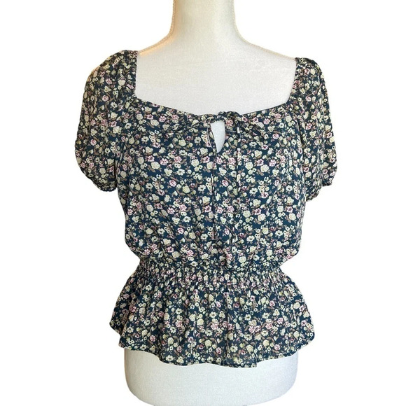 MOA‎ MOA TEAL BLUE FLORAL SHORT SLEEVE CROP RUFFLE BLOUSE SIZE MEDIUM - Picture 1 of 7